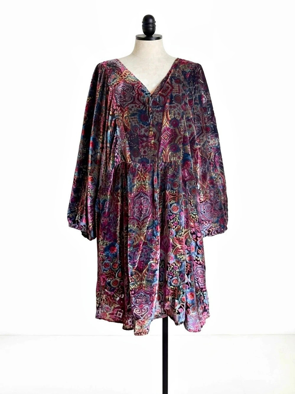 Anthropologie Mona Burnout Velvet Mini Dress Paisley Puff Sleeve Plus Size 3X